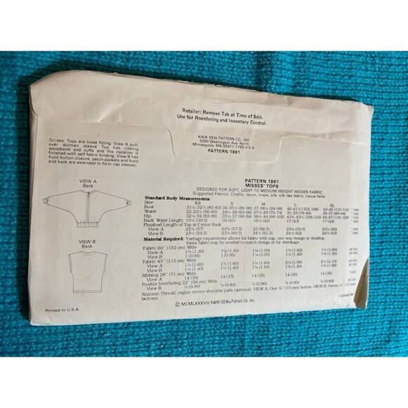Kwik Sew pattern 1861 dolman top blouse 1980s Size xs s m L XL - Picture 3 of 5